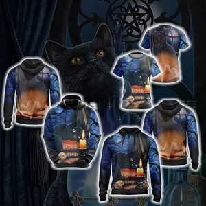 Witching Hour Black Cat Halloween Unisex Zip Up Hoodie