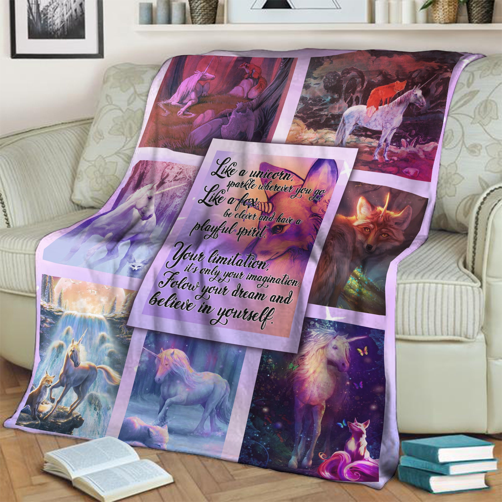 Fox And Unicorn Inspirational Quotes 3D Throw Blanket